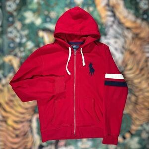 Vintage Polo Ralph Lauren Big Pony Full Zip Fleece Hoodie Thermal Lined Red L